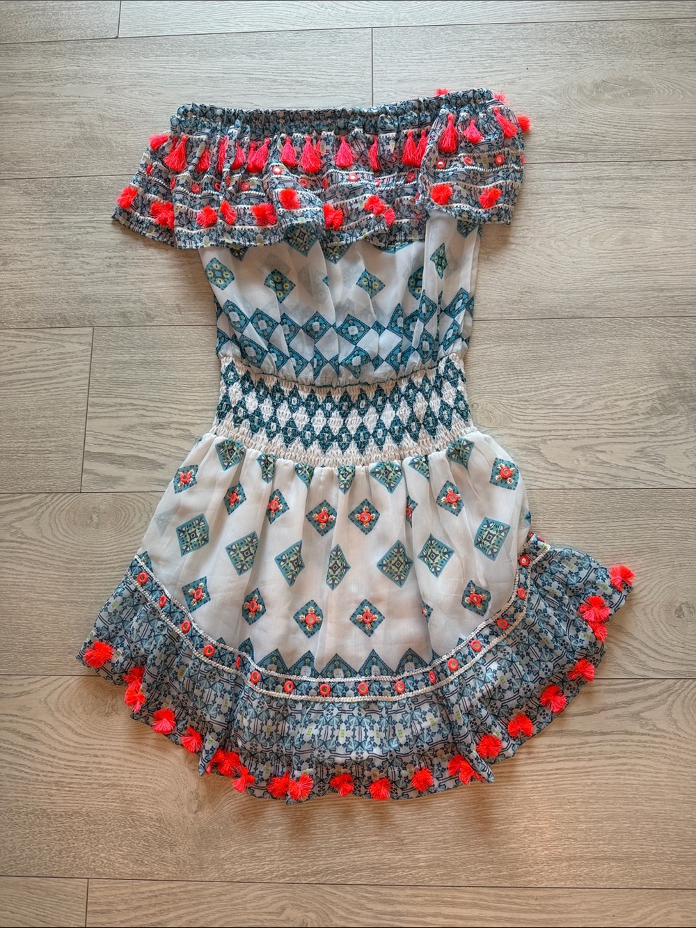 Ramy Brook White & Blue Off-Shoulder Tassel Swim Coverup with Coral Accents